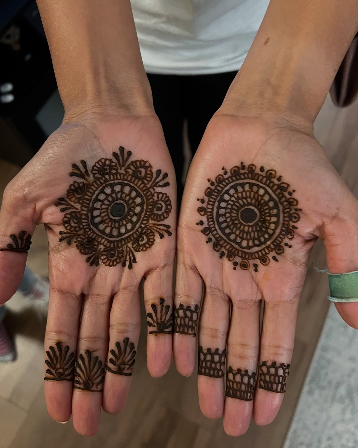 Two upturned palms carrying symmetrical floral mandalas