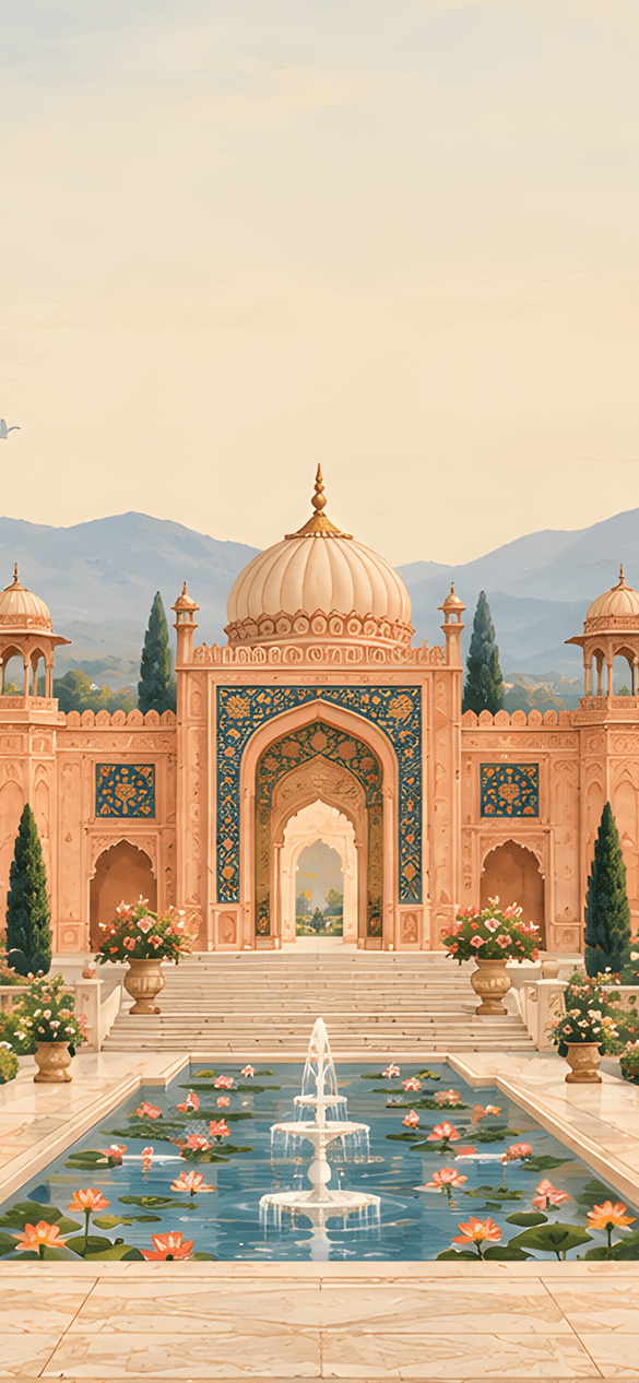 An illustrated palace garden framed by flowering arches, with peacocks and wedding musicians