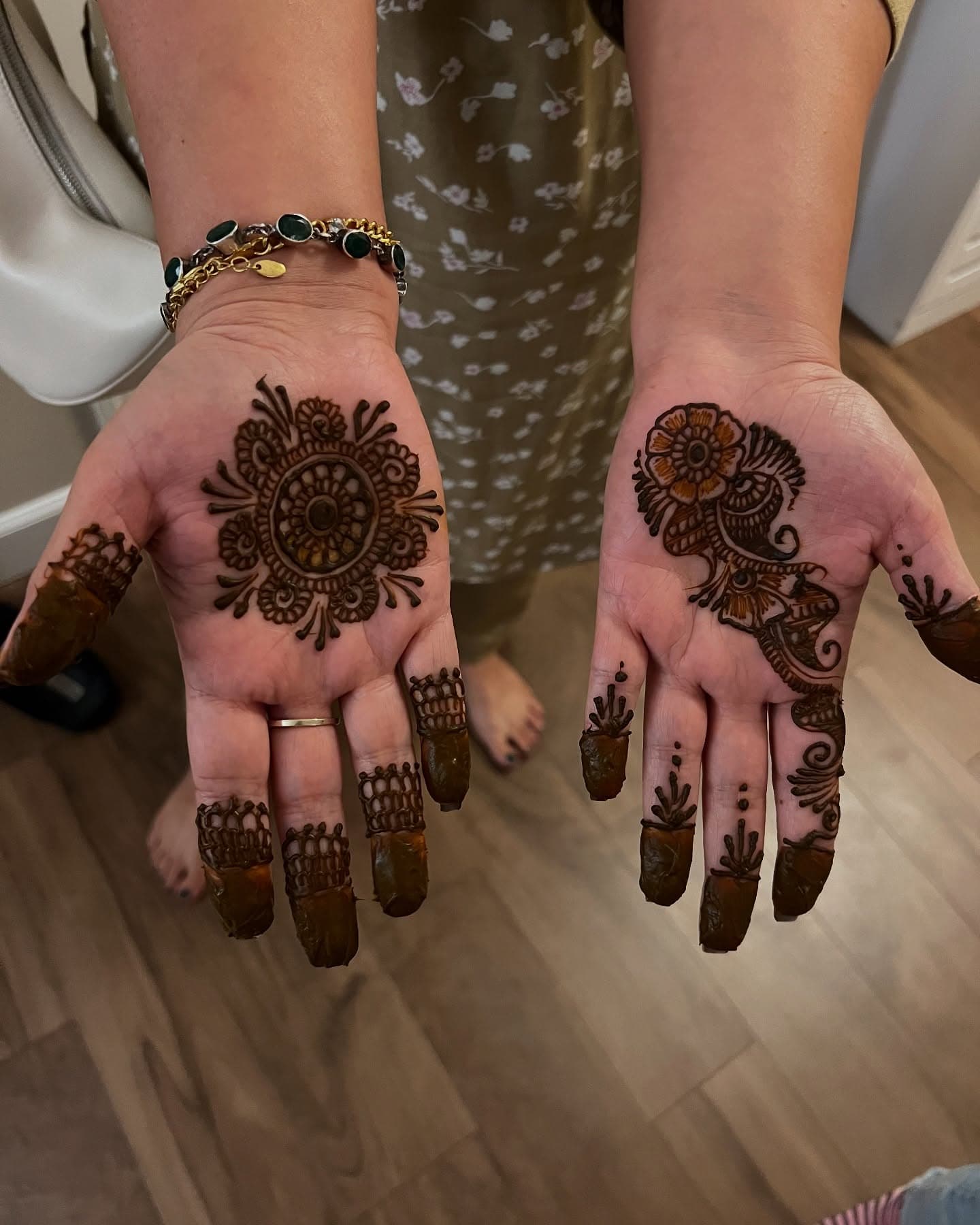 Two palms turned upward, each with a blossoming mandala and patterned fingers
